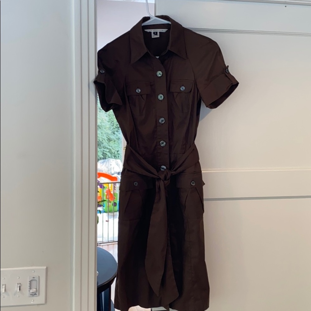 Brown knee length button down and tied DVF dress
